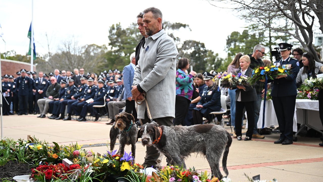 Dirk Wendt, friend of Neal Thompson and dogs Beau and Ivy lay a wreath