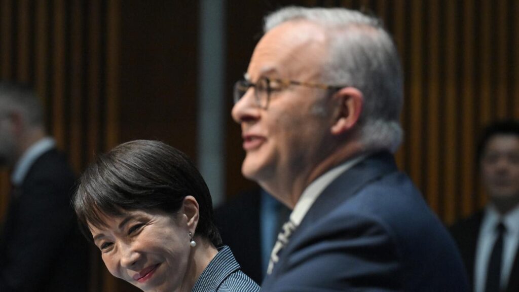 Japan Prime Minister Sanae Takaichi and Anthony Albanese address reporters during her visit in May.
