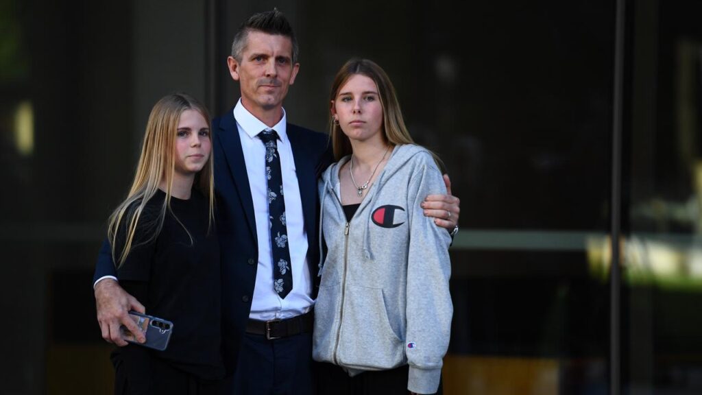 Lee Lovell, with daughters Kassie and Scarlett, lost his wife in the Boxing Day 2022 home invasion.
