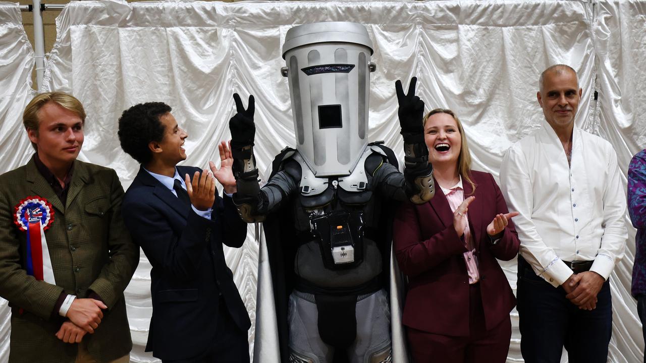 Count Binface celebrates at the Clacton by-election count
