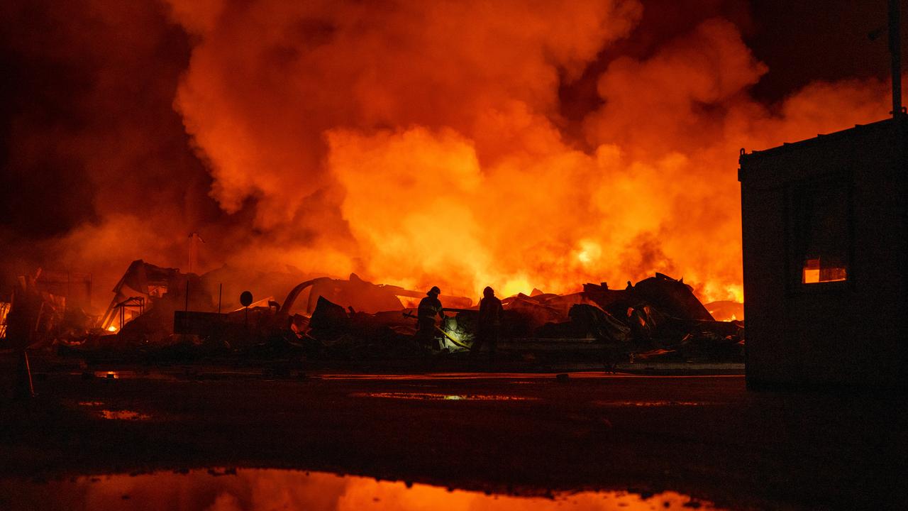 A fire after Russian missiles hit a warehouse in Kyiv, Ukraine