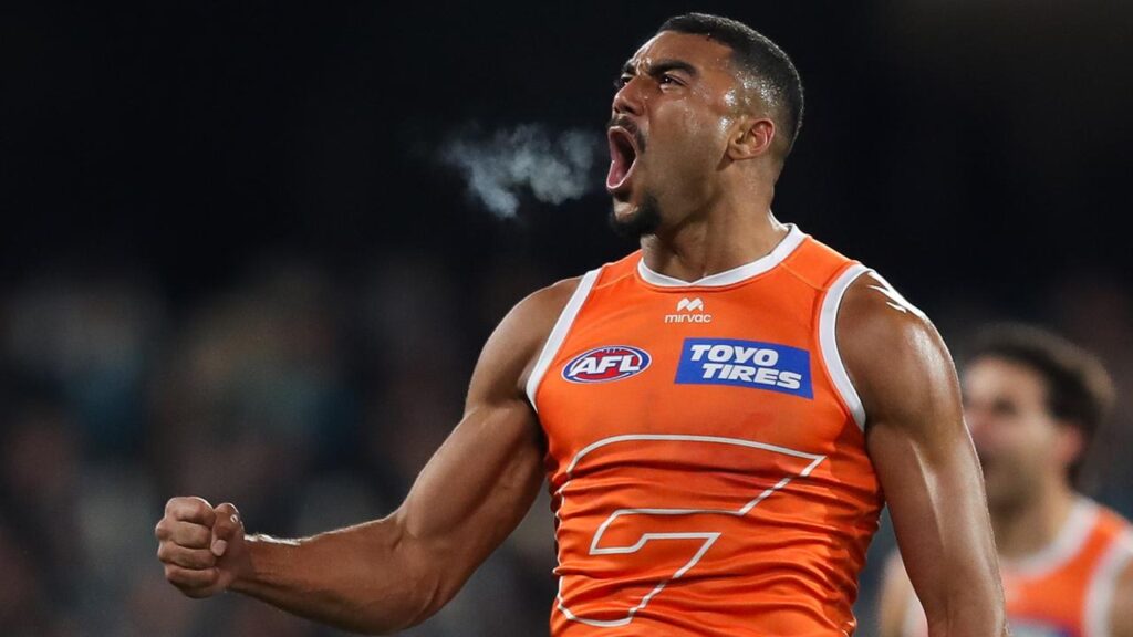 Callum Brown of the Giants celebrated a goal during his side’s away win over Port Adelaide.
