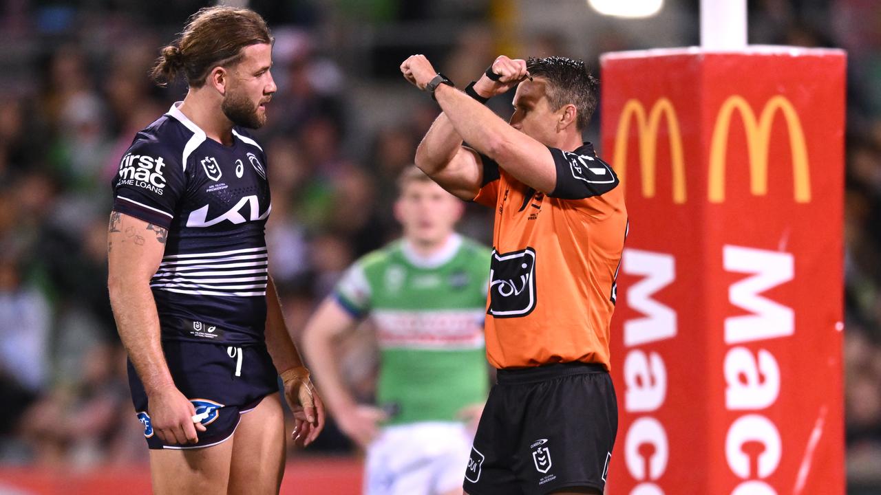 The Broncos' Patrick Carrigan is sent to the sin bin.