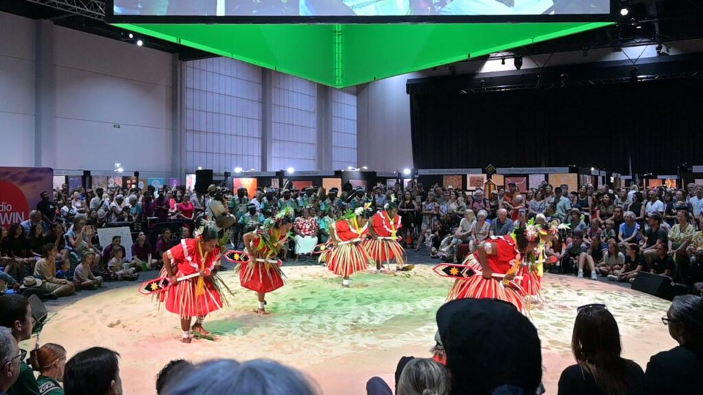 The Kerkar Kus Dance Team from the Torres Strait perform during the Darwin Aboriginal Art Fair.
