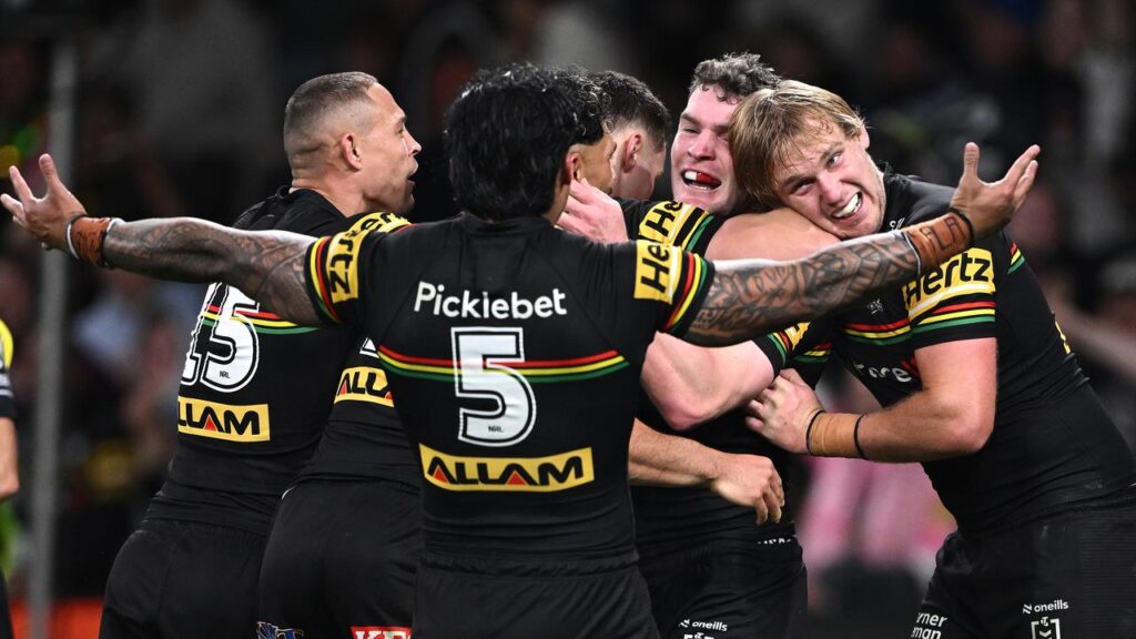 Penrith celebrate two-try hero Liam Martin’s second try as they beat Canterbury.

