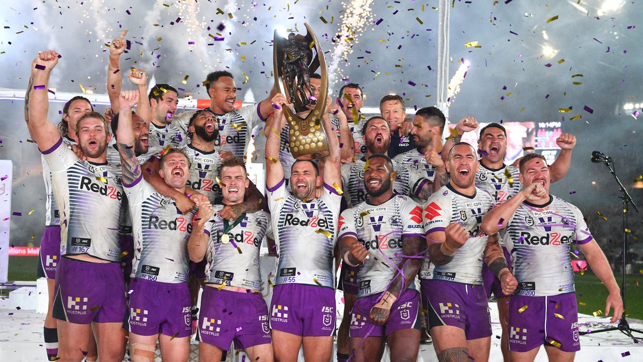 Storm team lifts NRL 2020 premiership trophy