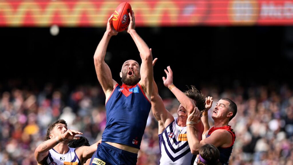 Captain Max Gawn (c) led Melbourne to a thrilling upset win over Fremantle.
