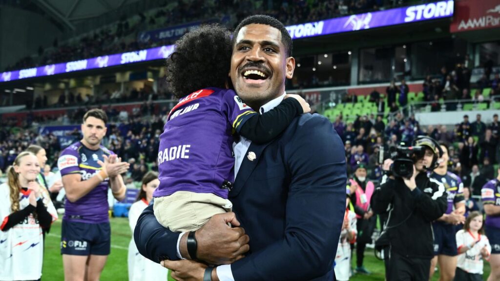 Players form a guard of honour for the Storm’s departing prop Tui Kamikamica.
