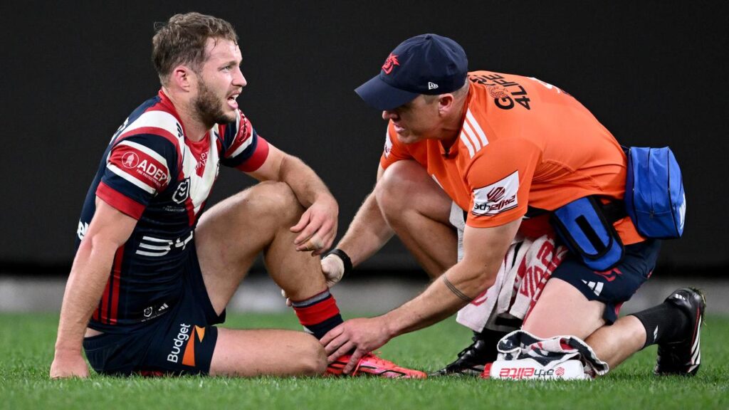 Superstar halfback Sam Walker suffered an ankle injury in the Roosters’ loss to the Dolphins.
