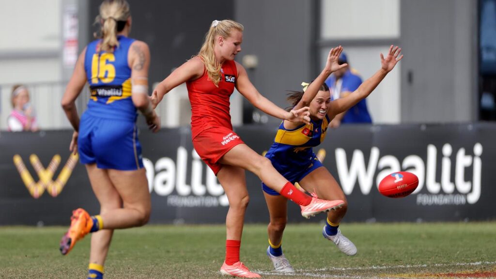 Alannah Welsh has kicked five goals in Gold Coast’s comfortable win over the Eagles in Perth.
