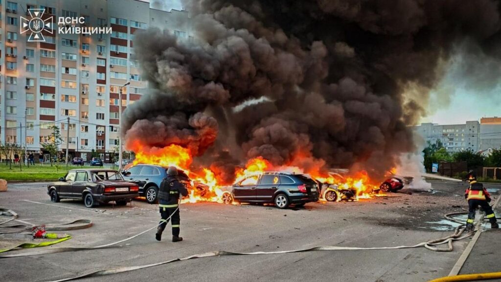 At least one person is dead after a second major Russian barrage on the Kyiv region in as many days.
