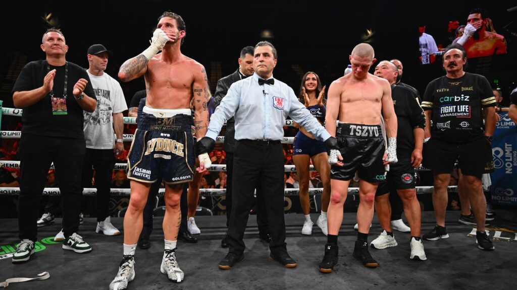 Ben Mahoney and Nikita Tszyu react after a split decision draw is announced.
