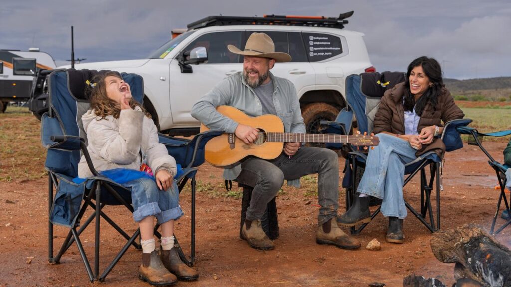 Tom Busby and his family are among the happy campers at the 2026 Mundi Mundi Bash in NSW.
