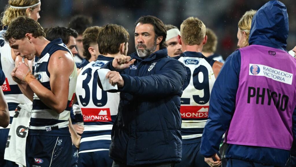 Geelong coach Chris Scott during his side’s comfortable win over Essendon.
