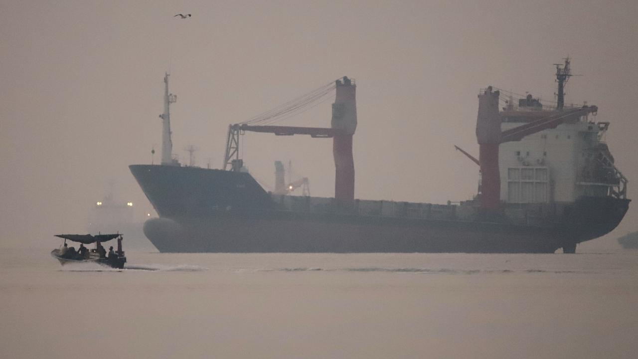 An anchored cargo ship in the Strait of Hormuz off Bandar Abbas