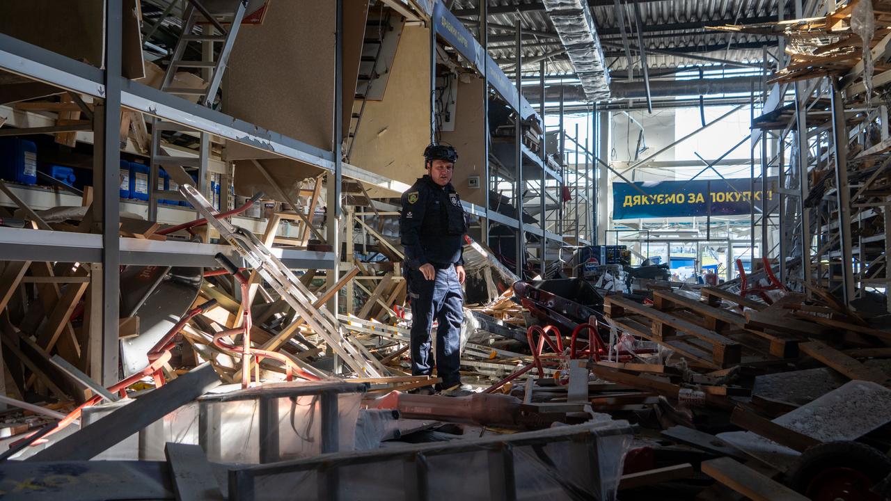 A commercial facility after a Russian drone attack in Kharkiv, Ukraine