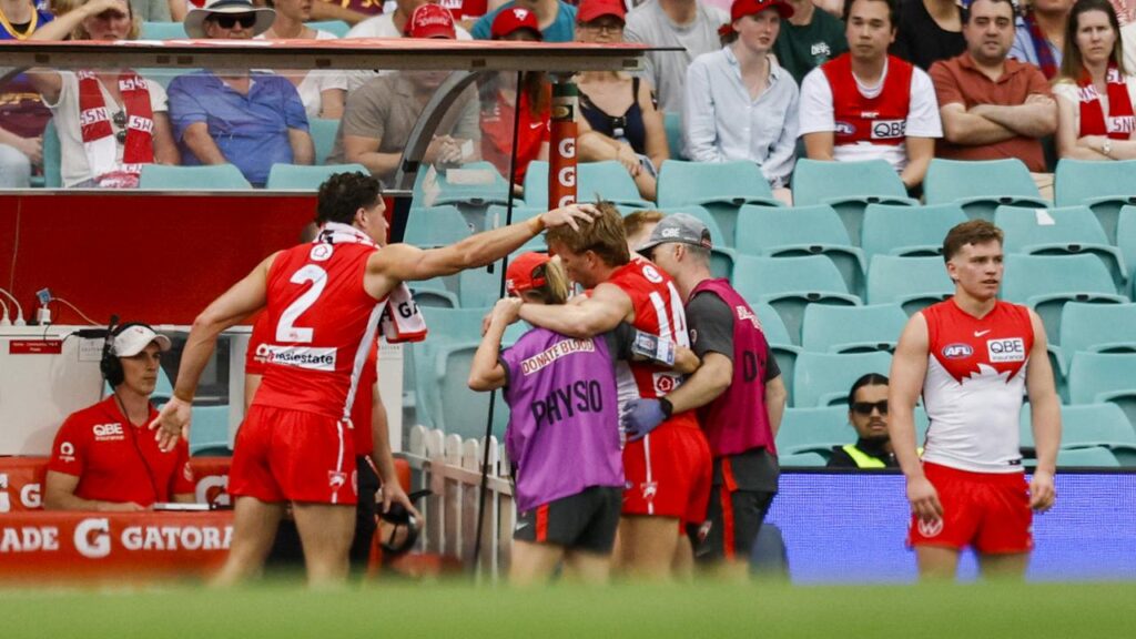 Sydney’s Callum Mills suffered an ankle injury in the first quarter that ruled him out of the game.
