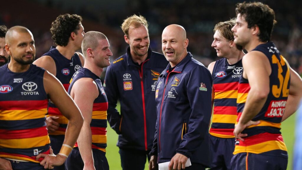 Adelaide coach Matthew Nicks is all smiles after his club’s elimination final win over the Bulldogs.
