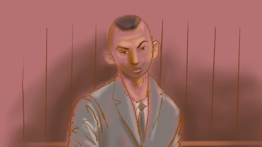 A court sketch depicts Beau Lamarre-Condon seated in the dock during his murder trial on Monday.
