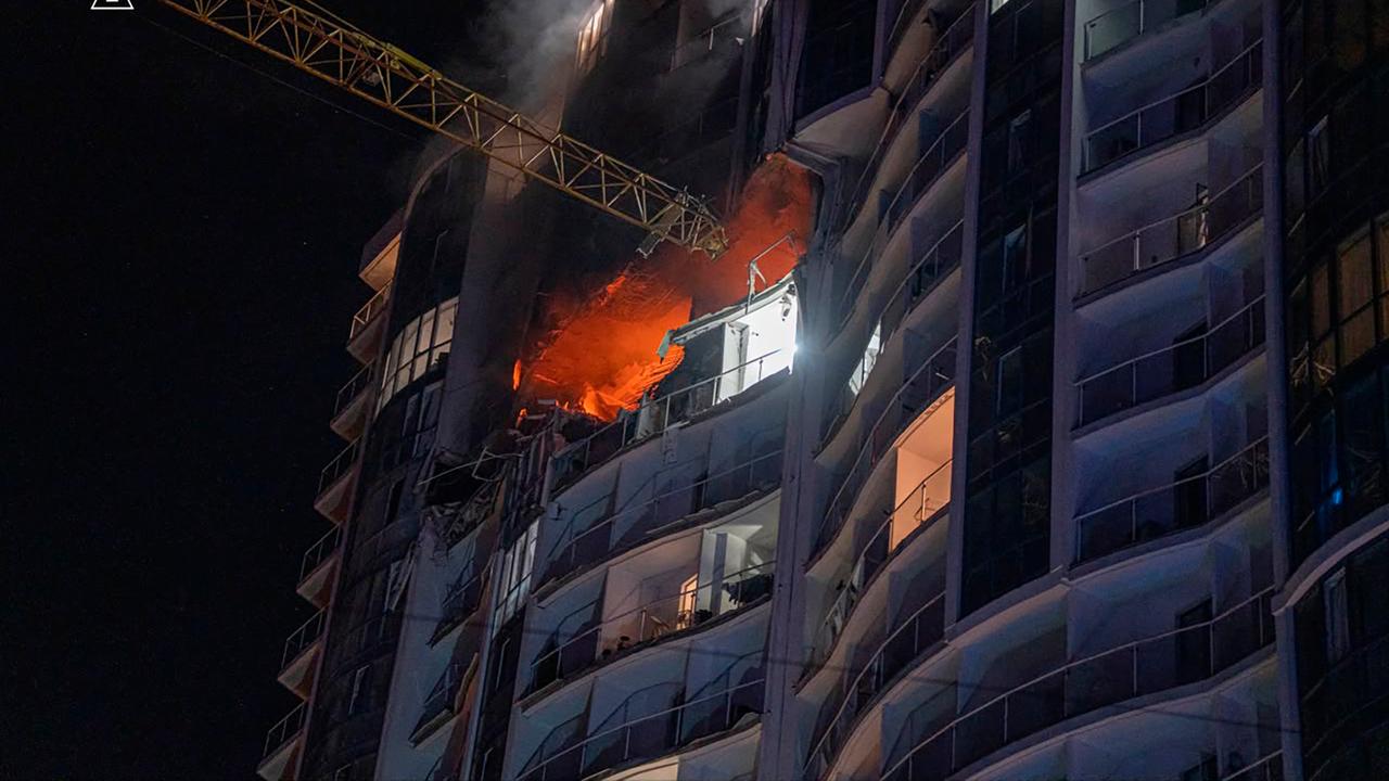 A building on fire after a Russian air attack in Odesa, Ukraine