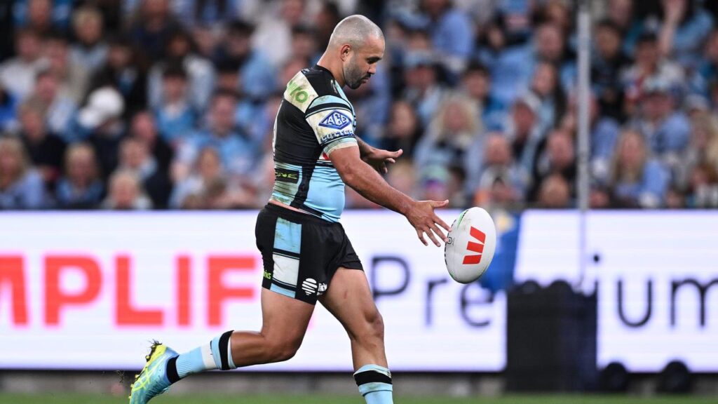 Cronulla’s Braydon Trindall put the boot into the Cowboys’ hopes at Allianz Stadium.
