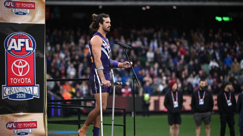 Alex Pearce gives the losing captain’s speech after the AFL grand final.
