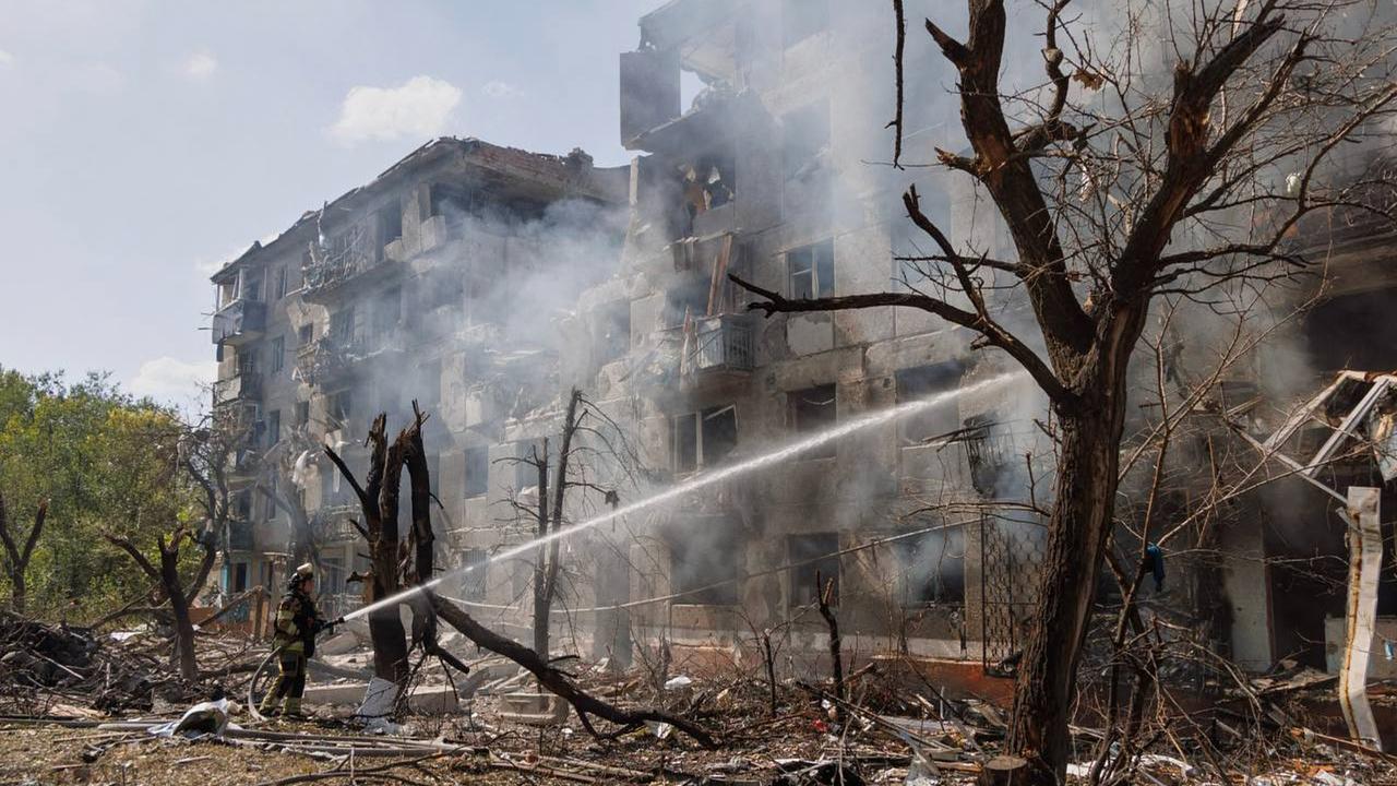 Damage to buildings after a a Russian air attack