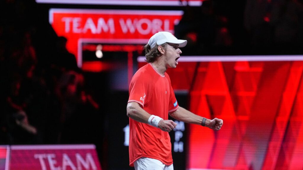 Alex de Minaur enjoys his victory over Alexander Zverev at the Laver Cup in London.
