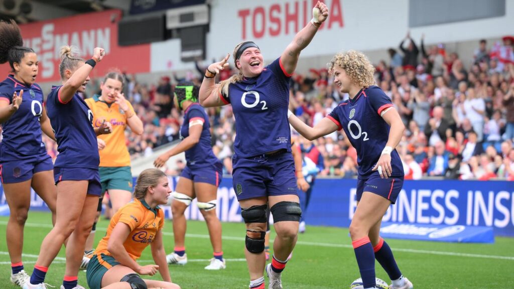 England’s Abi Burton celebrates her opening try in their victory over Australia in Salford.

