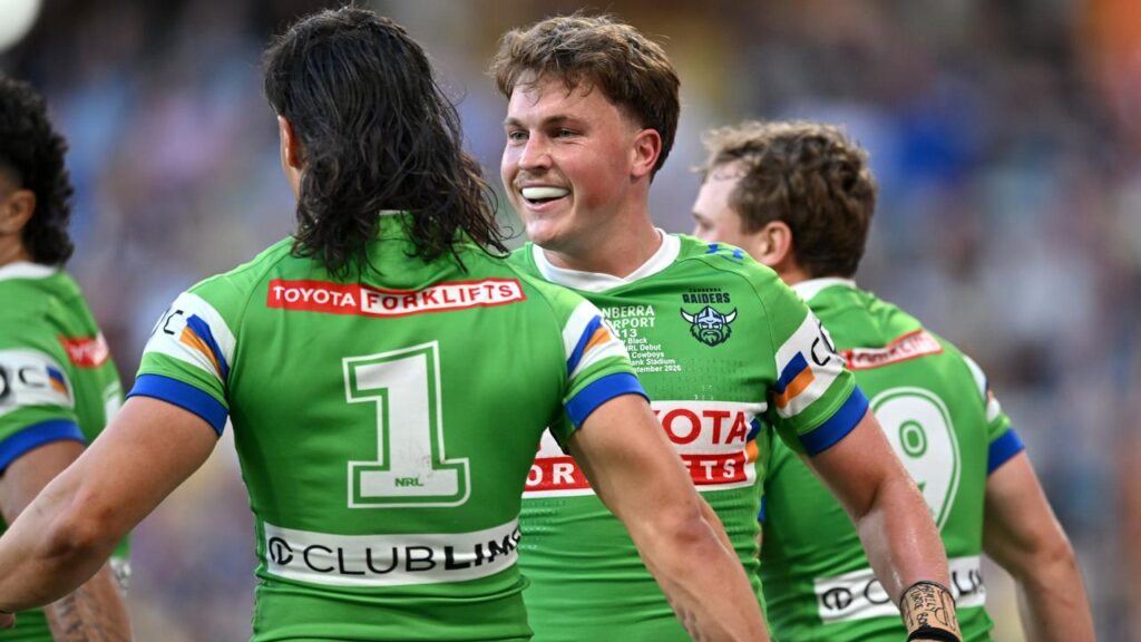 All smiles in the Canberra camp after an NRL debut to remember for Raiders No.7 Coby Black.
