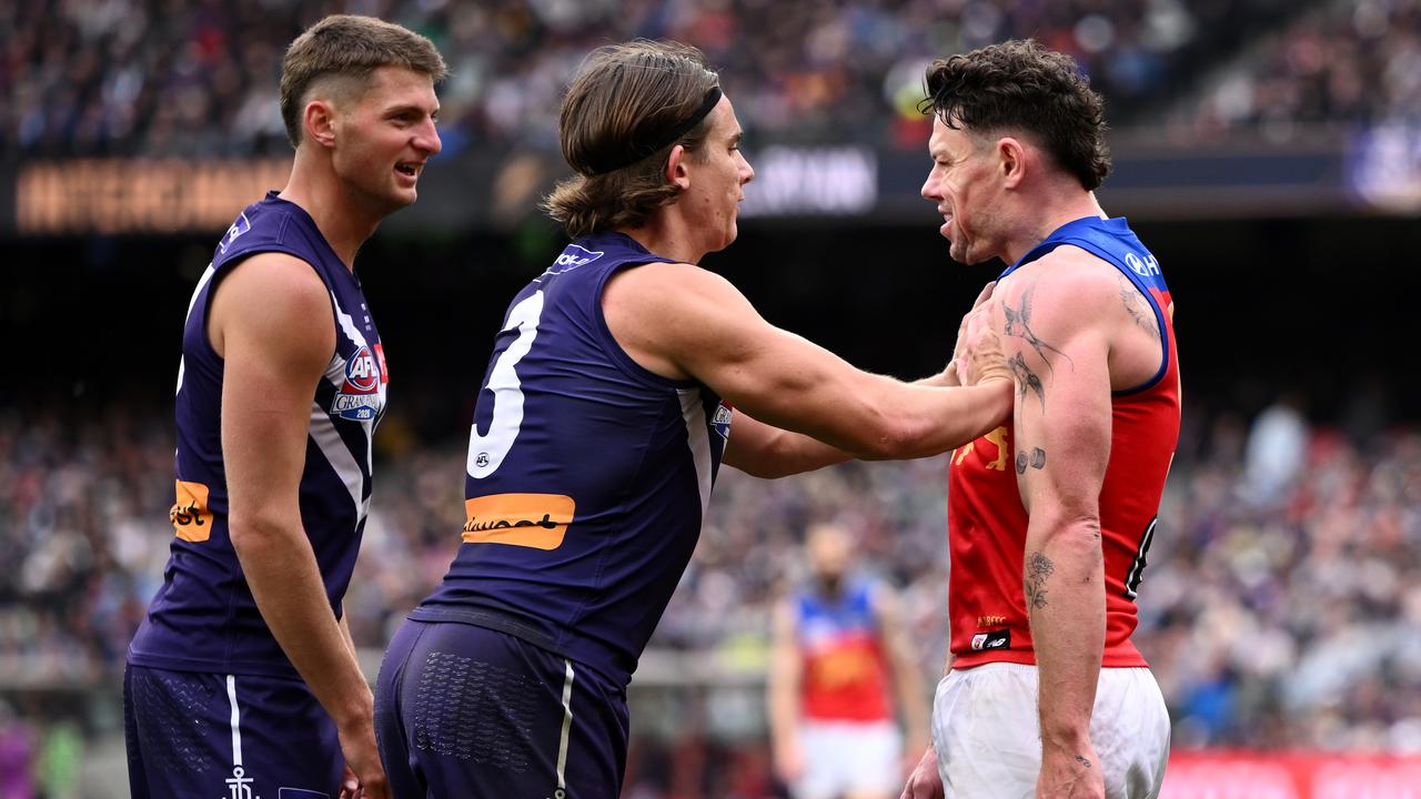 Docker Caleb Serong made his presence felt by Brisbane's Lachie Neale.