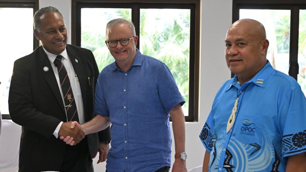 Anthony Albanese with PIF delegates from Fiji and Tuvalu, who will host the pre-COP climate events.
