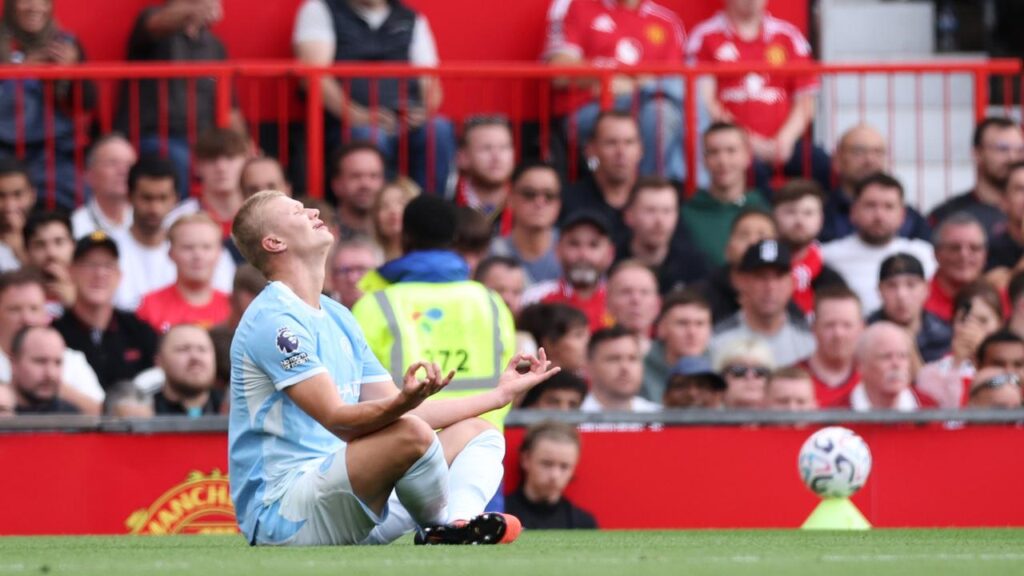 City’s Erling Haaland poses in familiar fashion after scoring the winner in the Manchester derby.
