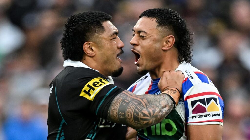 It was a case of up close and personal for Penrith’s Moses Leota and Newcastle’s Jermaine McEwen.
