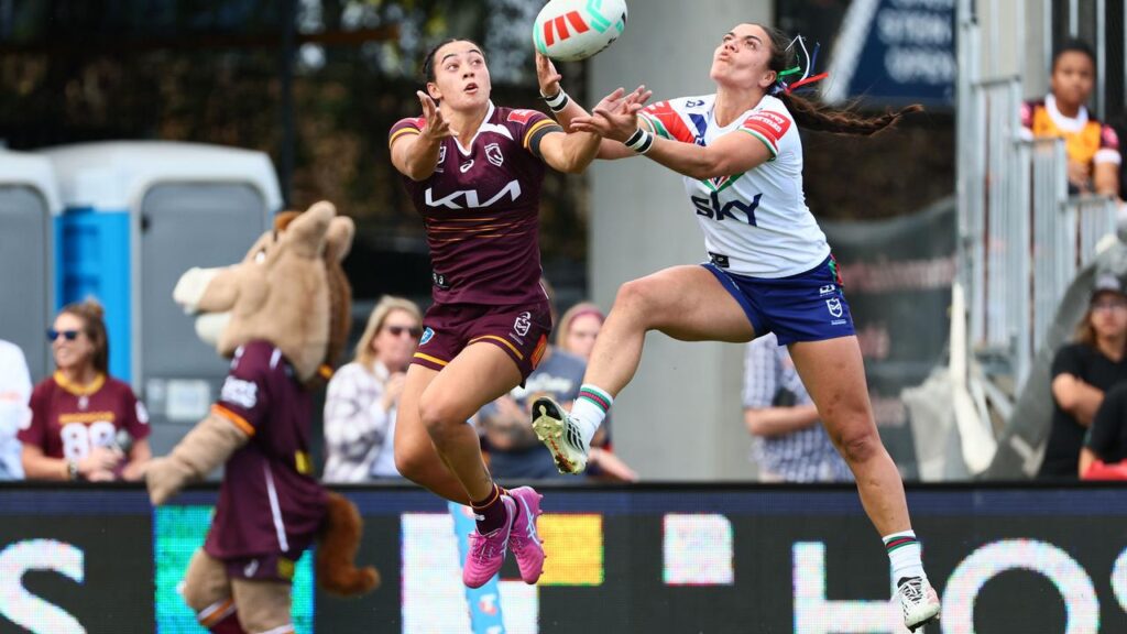 The Broncos have crushed the Warriors in Brisbane, with Kerri Johnson (L) opening the scoring.
