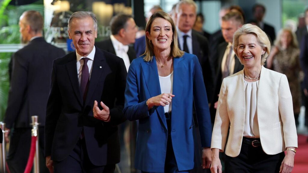 Mark Carney has received a warm welcome while attending Ursula von der Leyen’s (right) address.
