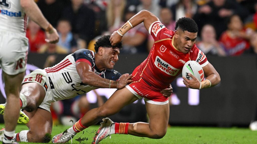 Dolphins No.7 Isaiya Katoa, seen scoring against the Roosters, has backed himself as a running half.
