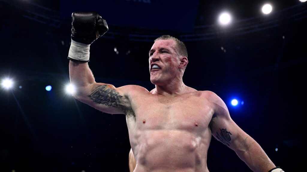 Paul Gallen celebrates after defeating Sonny Bill Williams in Sydney in 2025.

