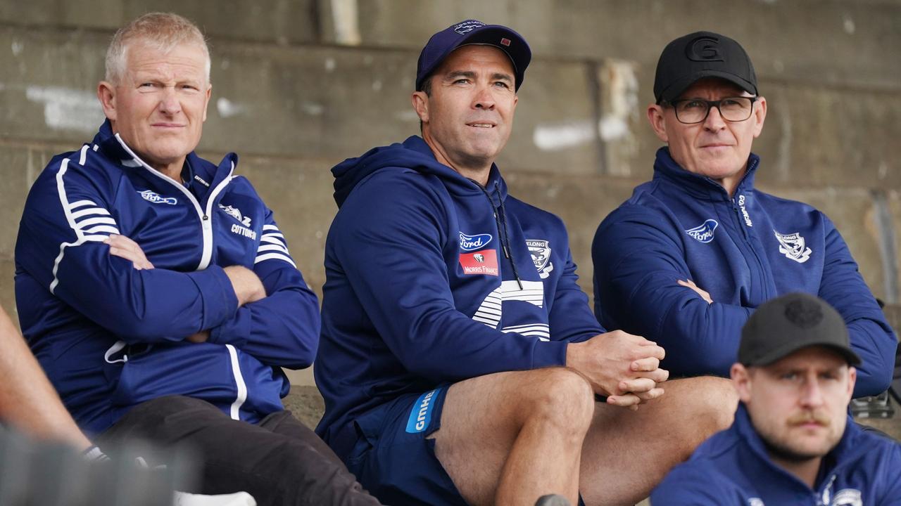 Stephen Wells (left), coach Chris Scott and Simon Lloyd