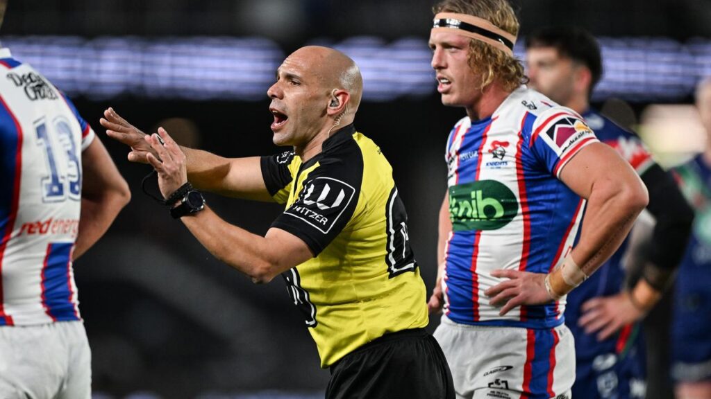 Referee Ashley Klein faces the axe for a contentious non-call in the Warriors’ loss to Newcastle.
