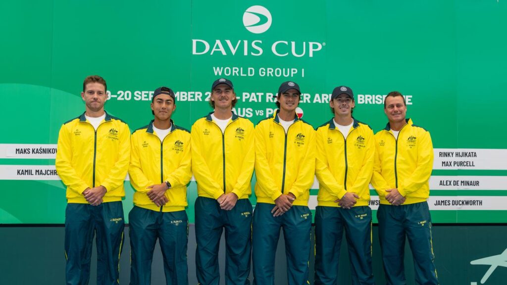 James Duckworth, Rinky Hijikata, Max Purcell, Adam Walton, Alex de Minaur and Lleyton Hewitt (capt).
