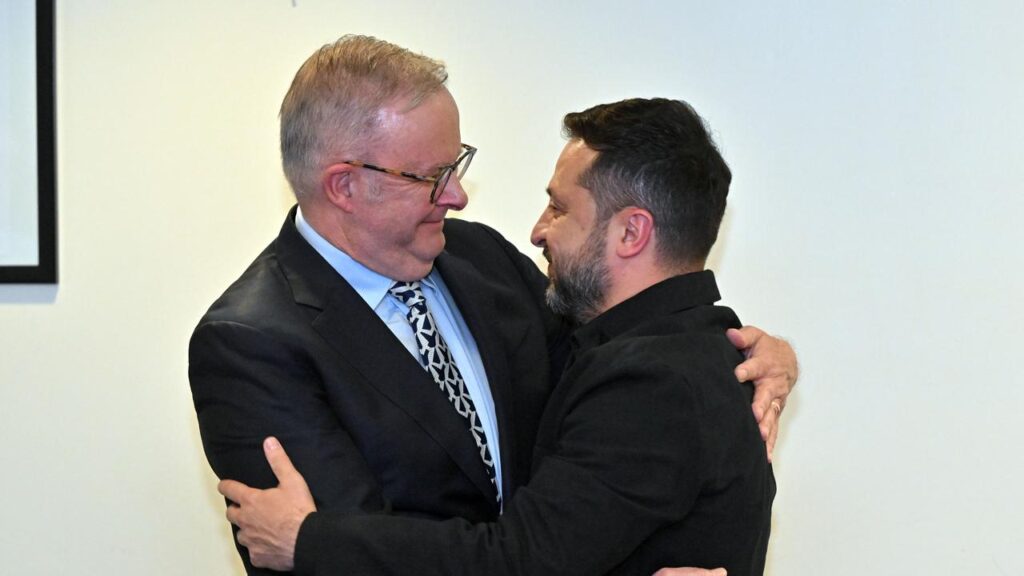 Prime Minister Anthony Albanese and Ukrainian President Volodymyr Zelenskiy hugged upon meeting.
