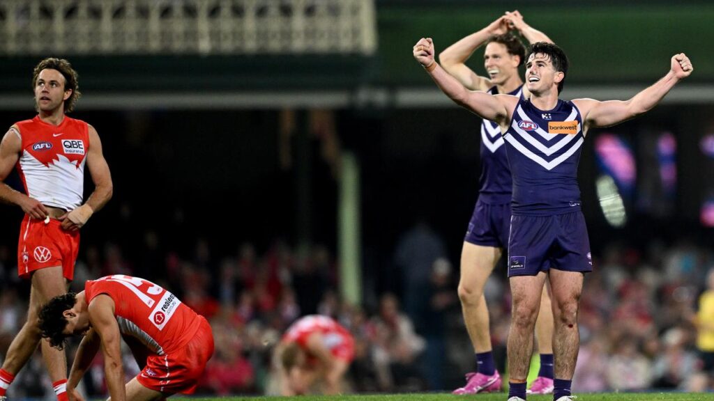 Andrew Brayshaw, arms outstretched, celebrates the win that puts Fremantle into the grand final.
