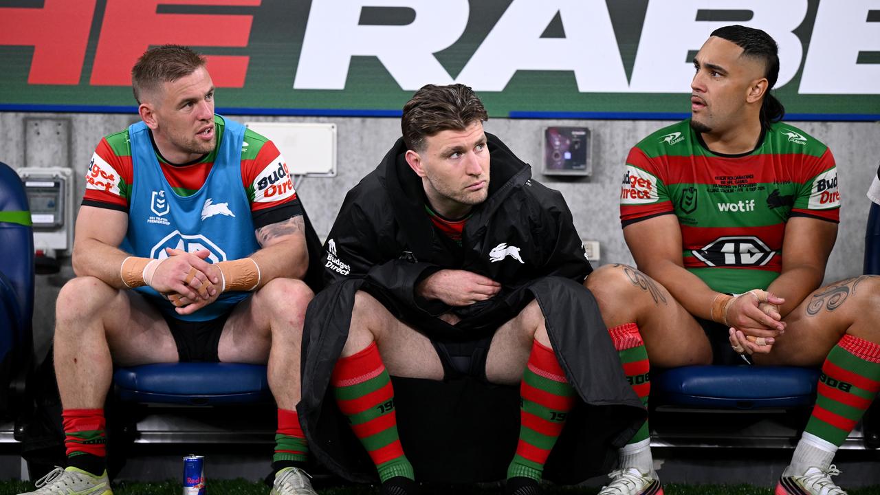 Keaon Koloamatangi, Jai Arrow and Matt Dufty on the bench