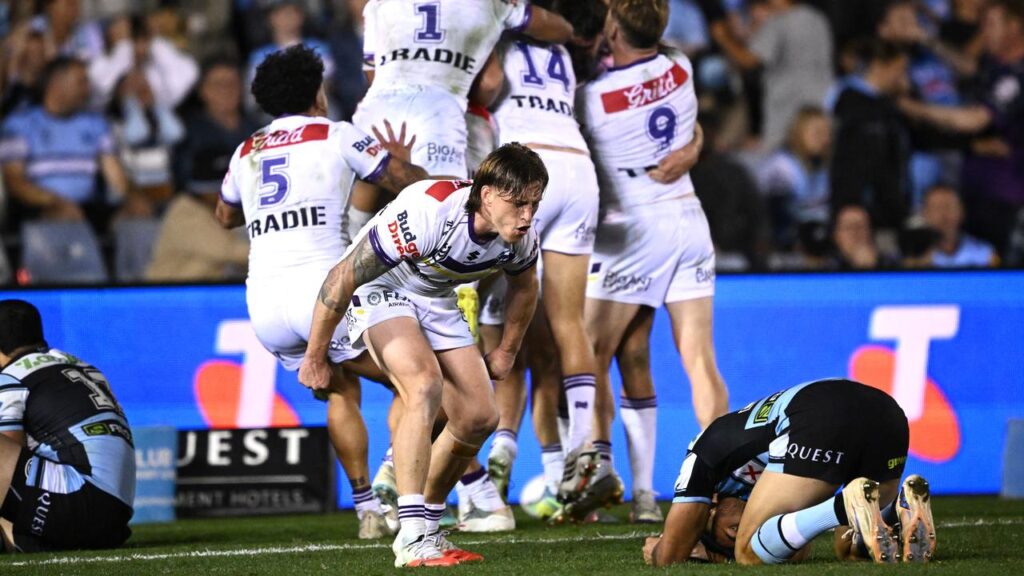 Melbourne have shocked Cronulla with a dramatic final play to wrap their season with a win.

