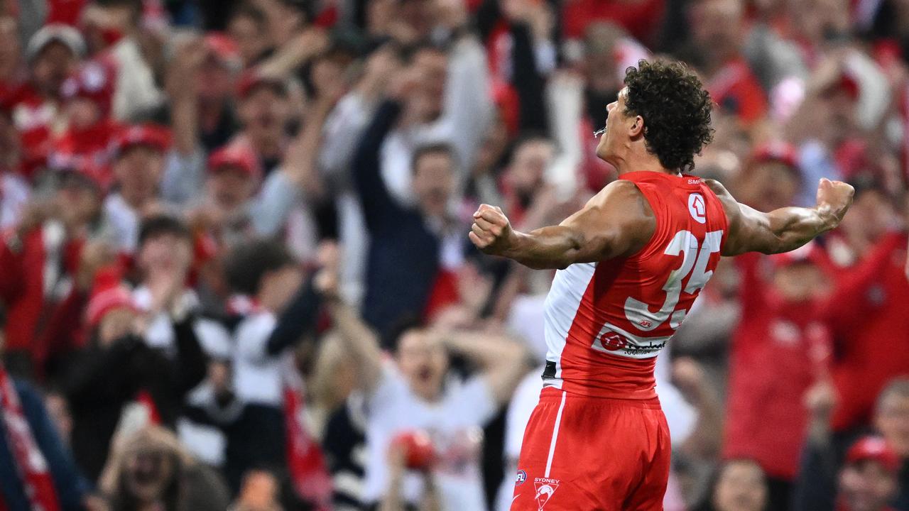 Charlie Curnow of the Swans celebrates