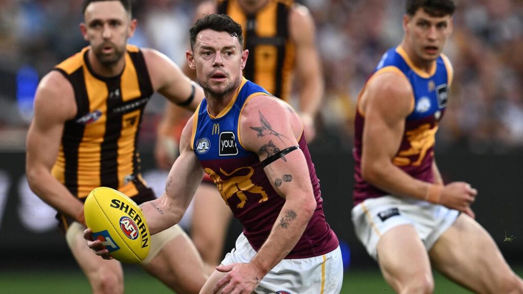 Brisbane’s Lachie Neale was cleaned up at the first centre bounce, but stayed on the field.
