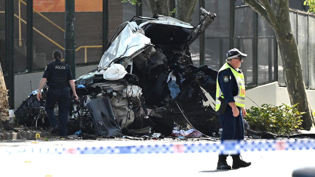 The wreck of the police car in Redfern, Sydney