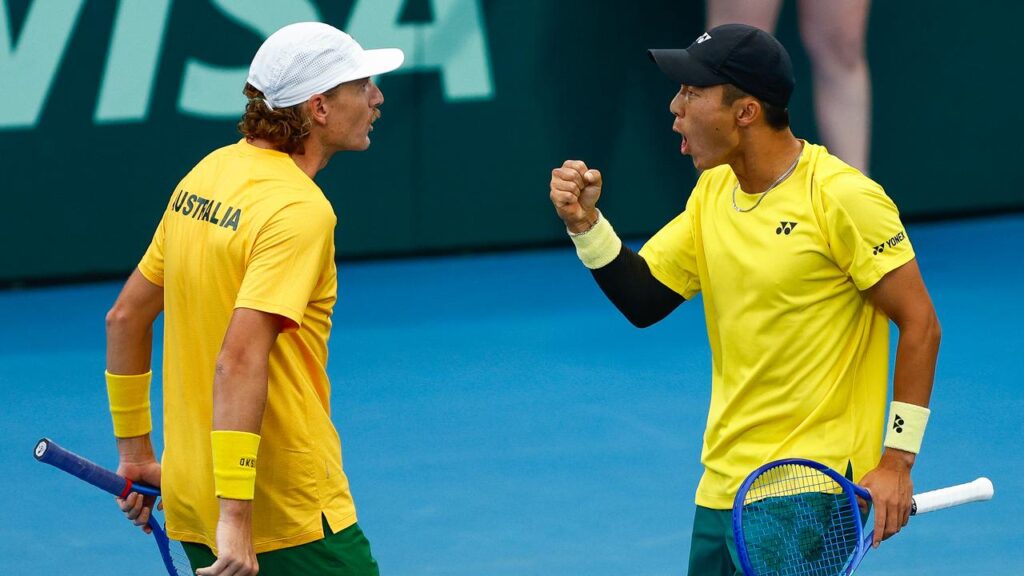 Doubles pair Max Purcell (l) and Rinky Hijikata (r) put Australia 2-1 up over Poland.
