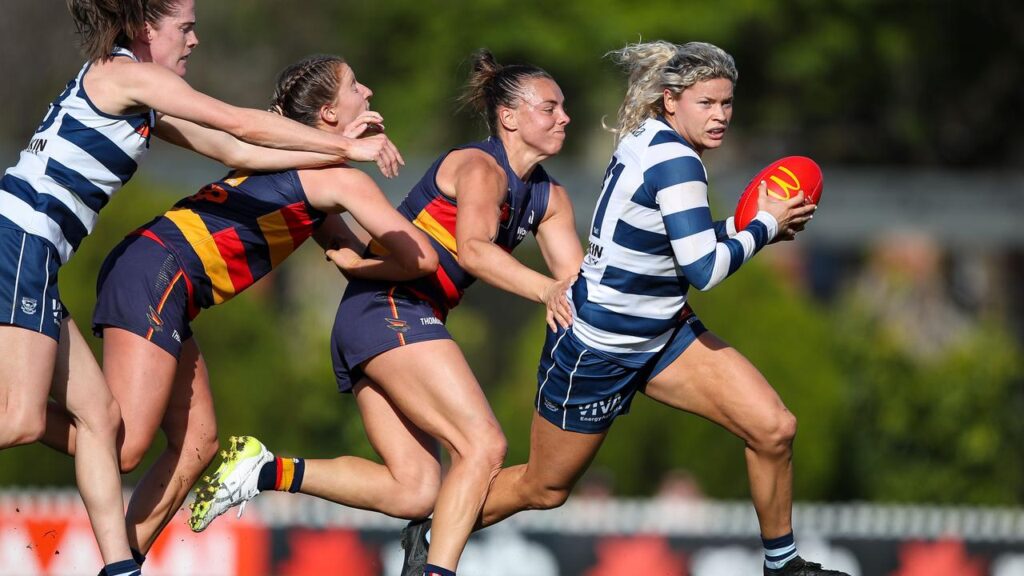 Geelong’s Georgie Prespakis led the Crows a merry dance on her way to 32 possessions.

